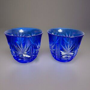 EDO KIRIKO Pair/Set of 2 Small Sake Glasses Cobalt Blue Cut to Clear Glass Japan